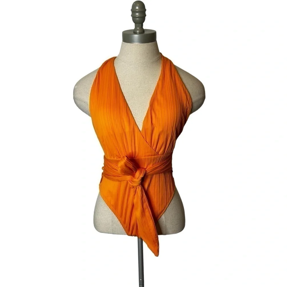 Cupshe Orange Retro Rib Surplice Sash Texture Belt One Piece Swimsuit Sz Medium